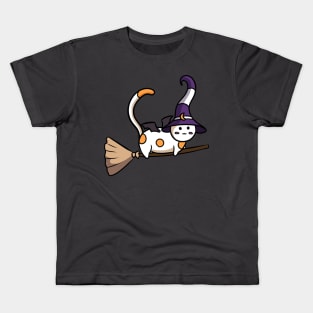 Cute witch cat flying on a broom Sticker Kids T-Shirt